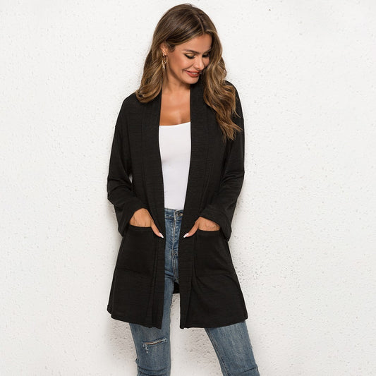 High Collar With Loose Medium Length Knit Cardigan