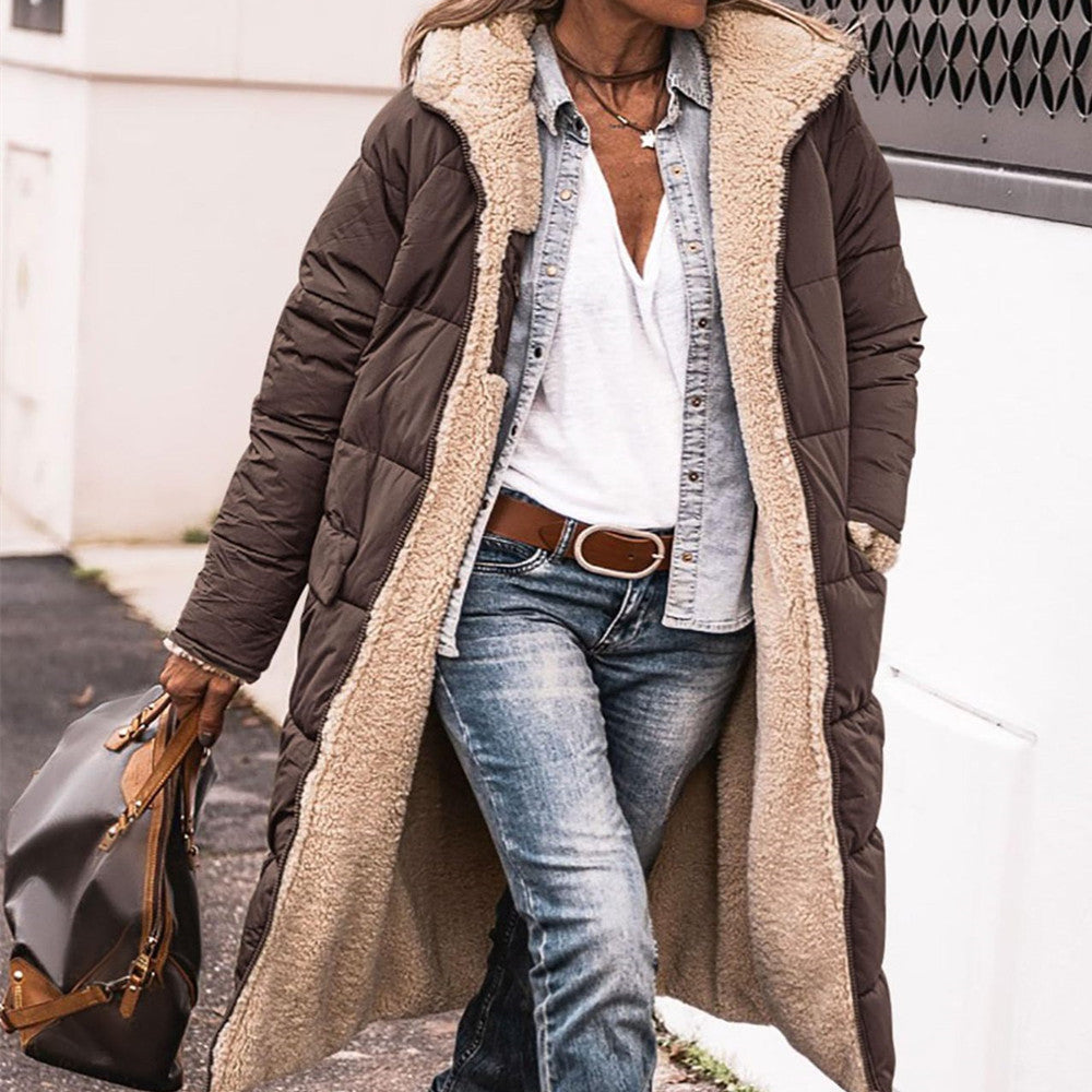 Solid Colour Hooded Long Coat Winter Long Sleeve Double-sided Wear Slim Elegant Cardigan Jacket Top Women's Clothing
