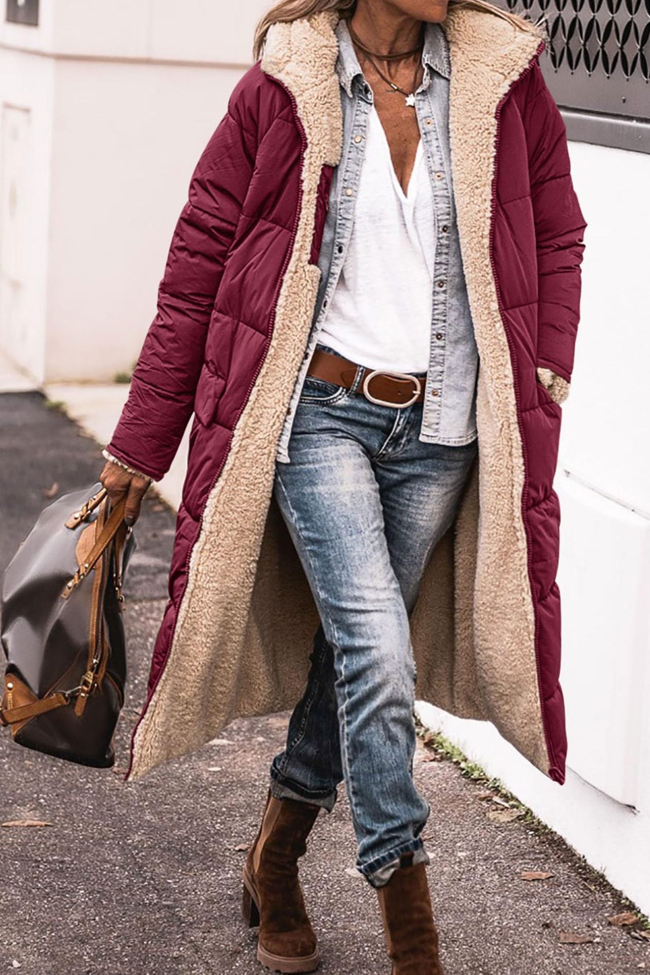 Solid Colour Hooded Long Coat Winter Long Sleeve Double-sided Wear Slim Elegant Cardigan Jacket Top Women's Clothing