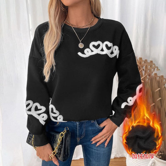 Heart Pattern Round Neck Warm Fleece Sweatshirt For Women