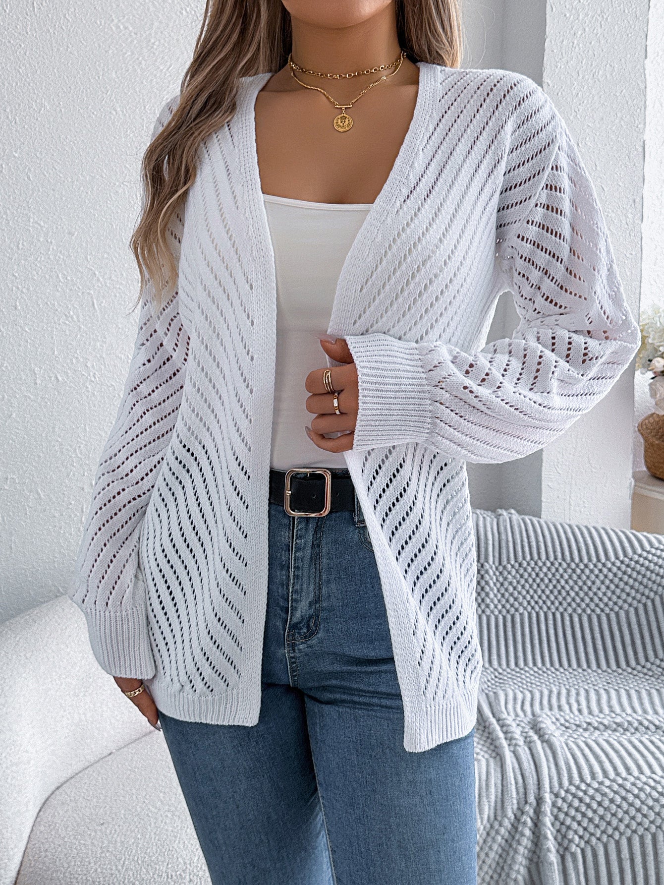 Women Casual Solid Color Hollow Out Long Sleeve Cardigan Sweater