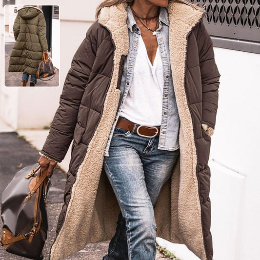 Solid Colour Hooded Long Coat Winter Long Sleeve Double-sided Wear Slim Elegant Cardigan Jacket Top Women's Clothing