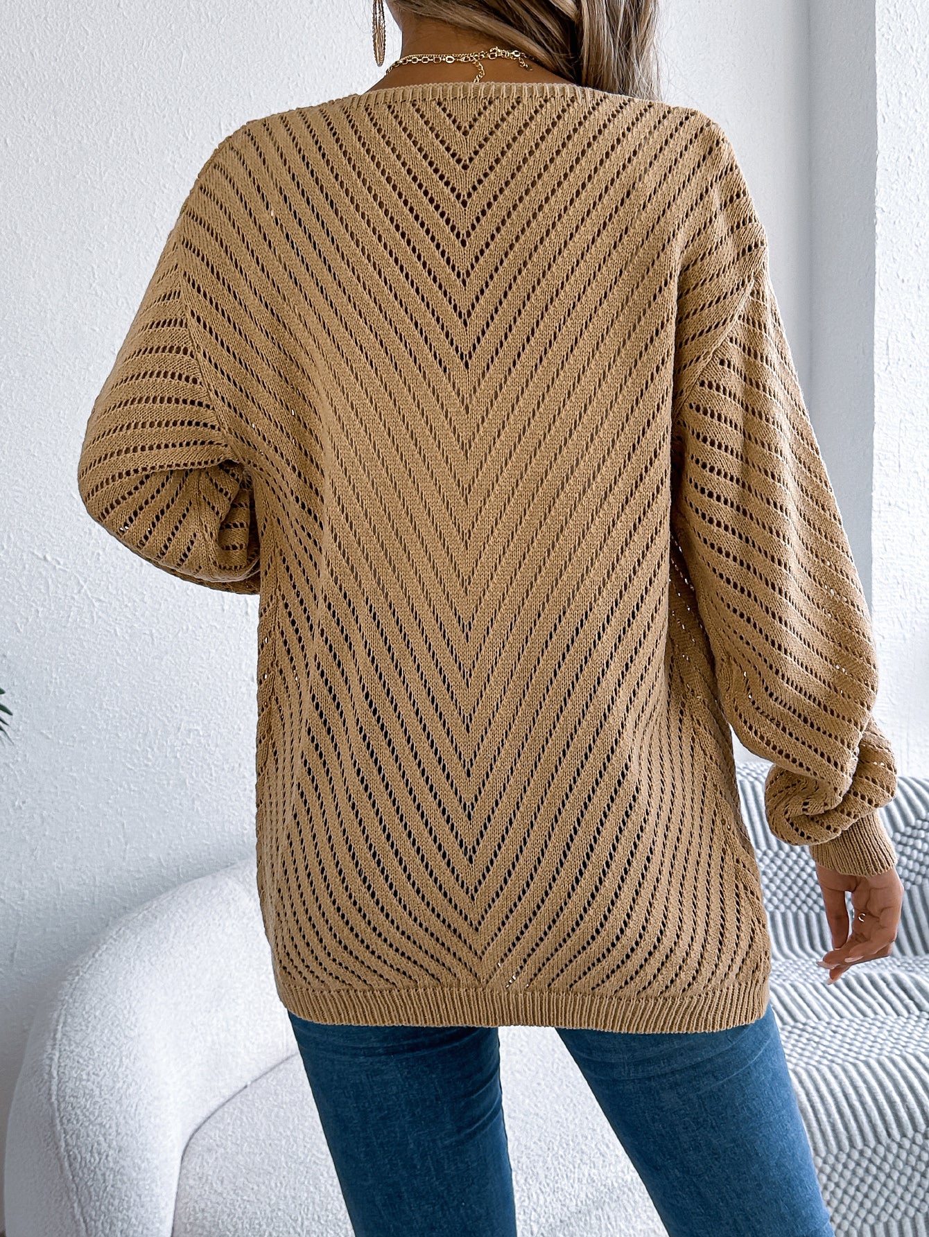 Women Casual Solid Color Hollow Out Long Sleeve Cardigan Sweater