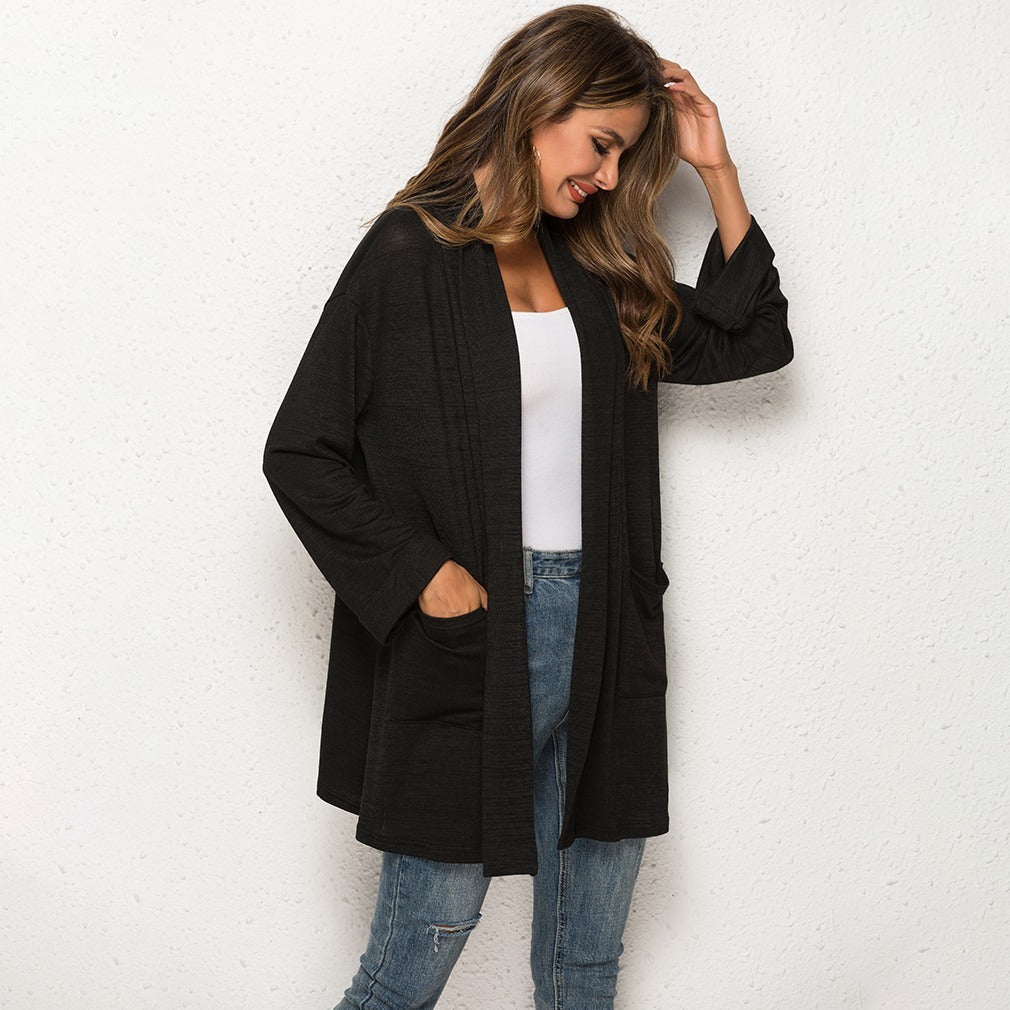 High Collar With Loose Medium Length Knit Cardigan