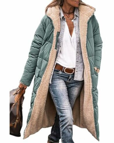 Solid Colour Hooded Long Coat Winter Long Sleeve Double-sided Wear Slim Elegant Cardigan Jacket Top Women's Clothing