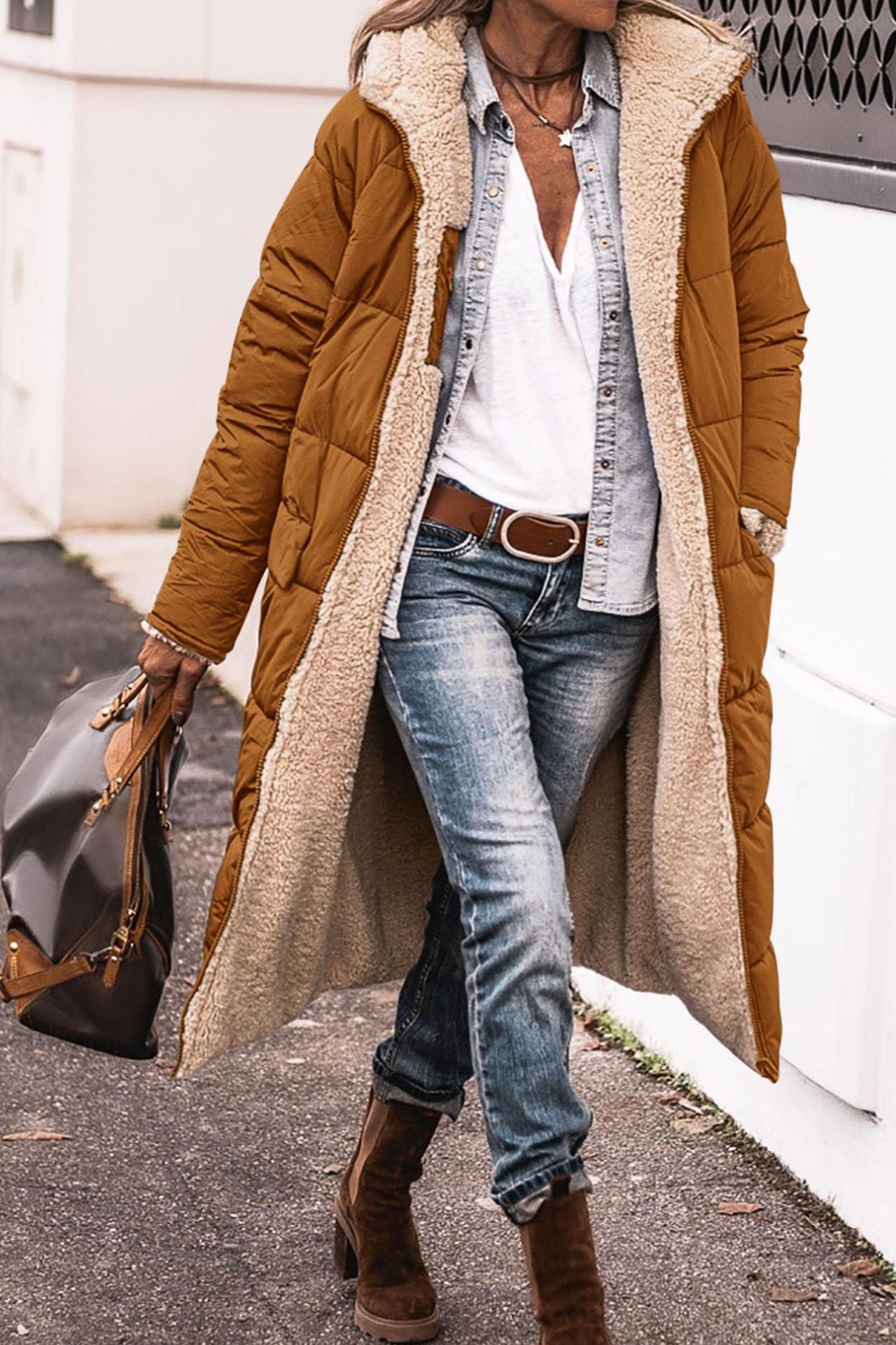 Solid Colour Hooded Long Coat Winter Long Sleeve Double-sided Wear Slim Elegant Cardigan Jacket Top Women's Clothing