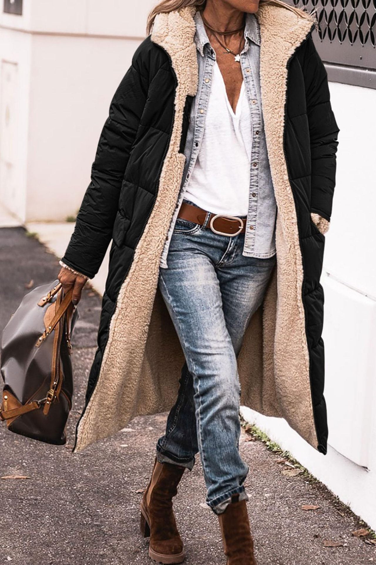 Solid Colour Hooded Long Coat Winter Long Sleeve Double-sided Wear Slim Elegant Cardigan Jacket Top Women's Clothing