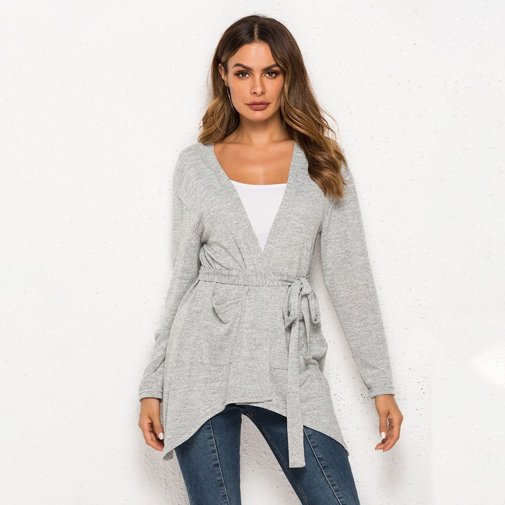 High Collar With Loose Medium Length Knit Cardigan
